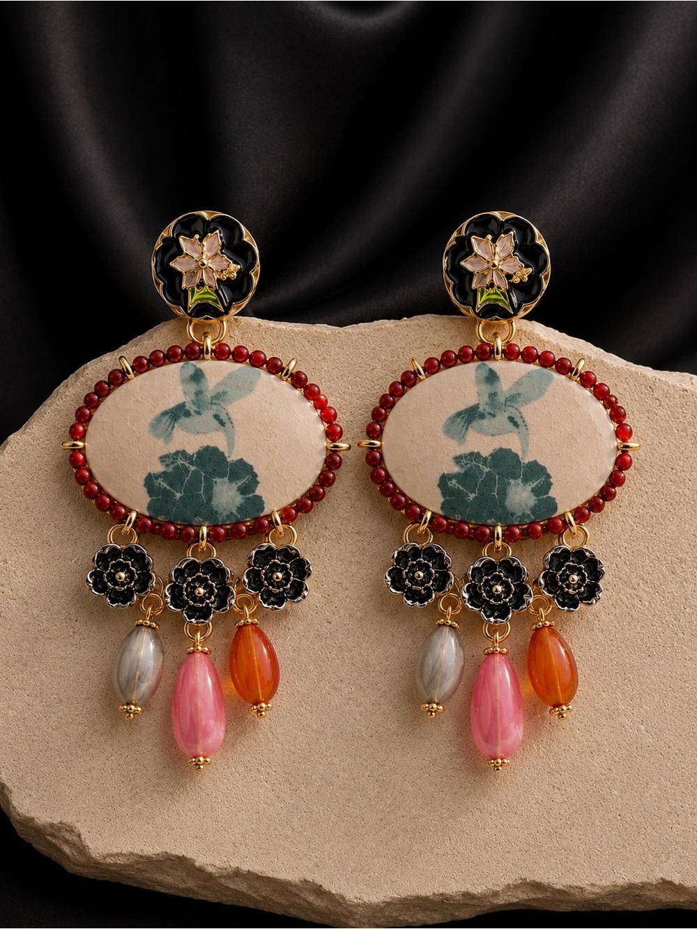 Vintage Inspired Flower Earrings Beaded Drop - Picture 5 of 5